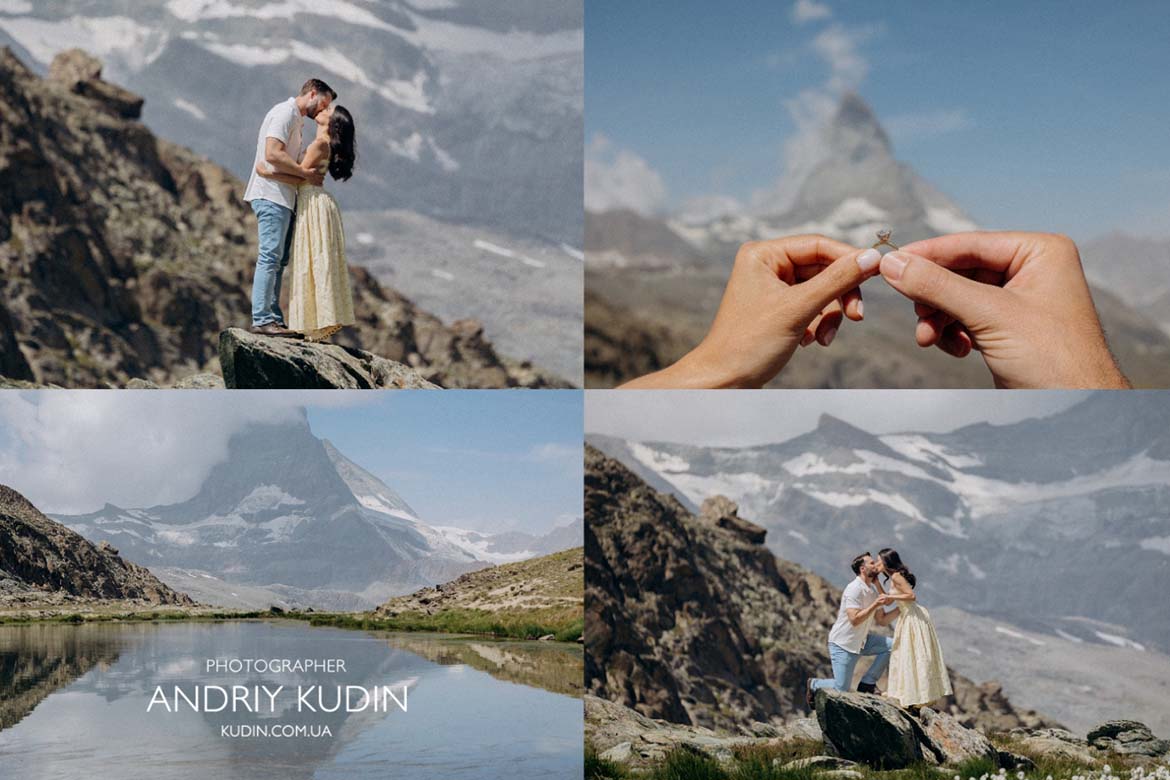 Lake Riffelsee Proposal | Switzerland Proposal Photographer in Zermatt , Switzerland photographer capturing a romantic Swiss Alps proposal. Proposal photographer Zermatt photographing a couple above the clouds.