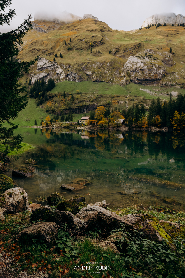 Proposal photography Switzerland at Seealpsee with crystal-clear lake reflection