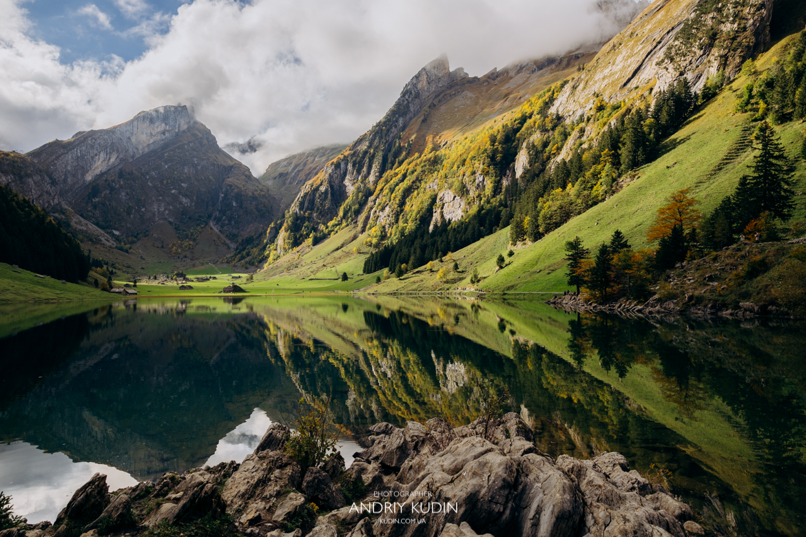 Luxury engagement photoshoot Switzerland by Seealpsee lake at sunset