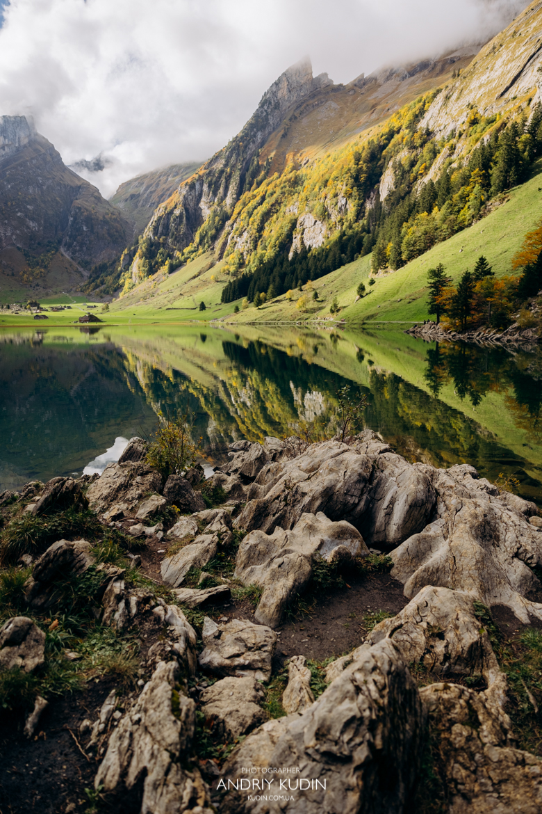Luxury engagement photoshoot Switzerland by Seealpsee lake at sunset