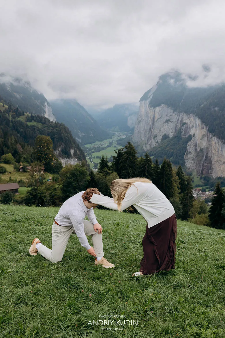 Emotional mountain proposal moment in Switzerland captured by a switzerland proposal photographer.