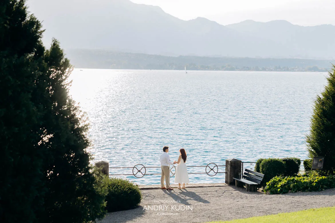 Romantic lakeside engagement at Lake Thun, photographed by a switzerland proposal photographer for an interlaken proposal.