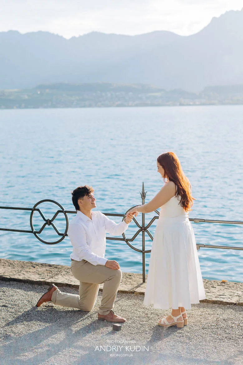 Romantic engagement by the water in Switzerland, photographed by a switzerland proposal photographer during an interlaken proposal.
