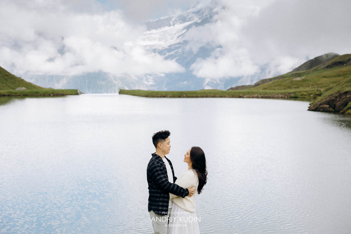 Romantic Grindelwald proposal by First trail with Eiger backdrop, Switzerland proposal