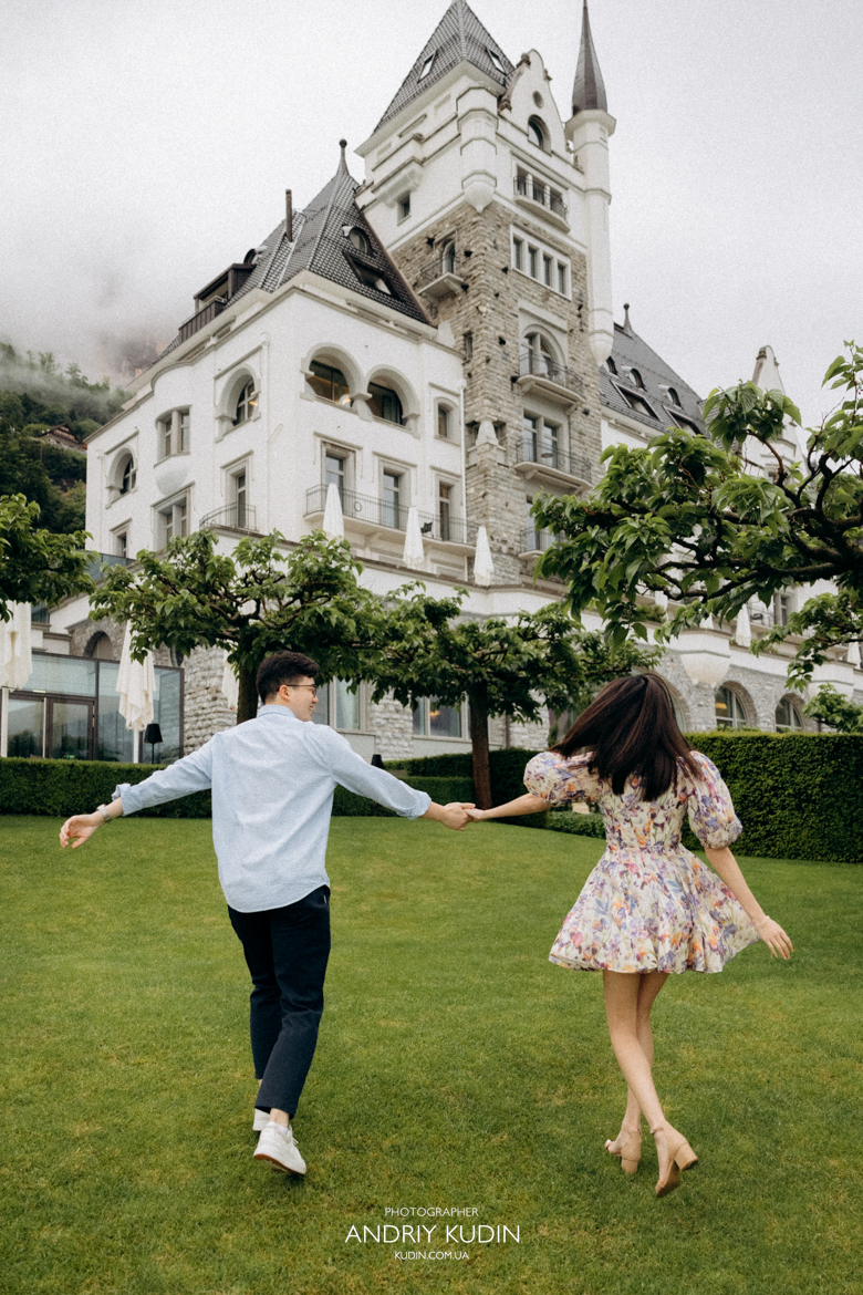 Unforgettable Proposal Photography Switzerland: Propose in Park Hotel Viznau, Couple proposing at Park Hotel Vitznau Switzerland with Rigi mountain backdrop