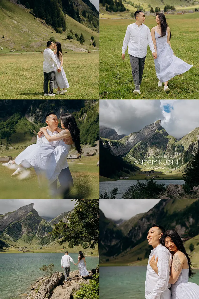 Romantic couple walking and embracing by Seealpsee lake during a picturesque marriage proposal in Switzerland