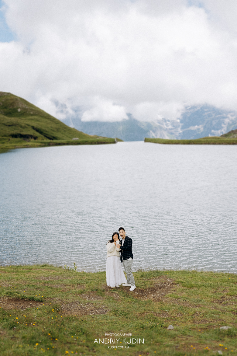 Serene marriage proposal by Bachalpsee Lake in the Alps