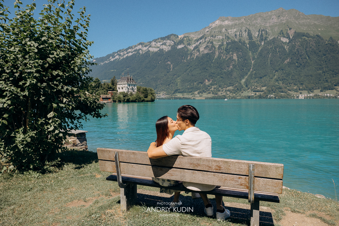 Marriage proposal photoshoot in Iseltwald, Switzerland. Iseltwald Switzerland engagement photoshoot with Eiger mountain. 