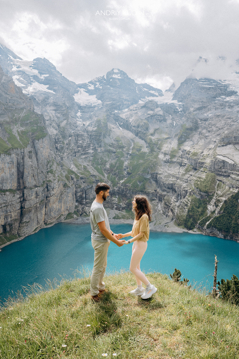 engagement moment at Lake Oeschinen Switzerland