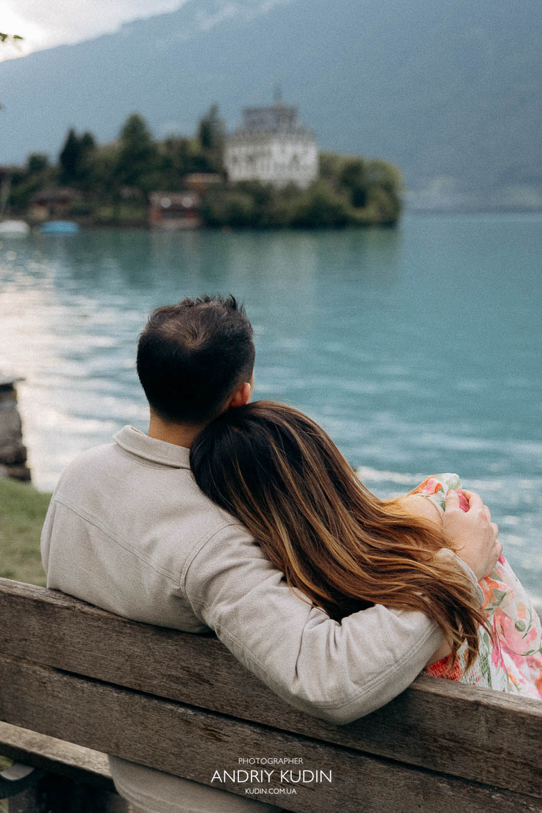 Proposal in Iseltwald, Switzerland, with couple on wooden pier