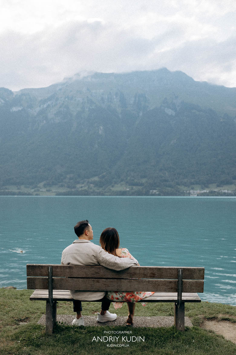 Romantic proposal by Iseltwald castle with Lake Brienz reflections
