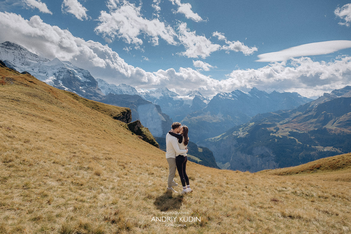 Romantic Marriage Proposal in Switzerland, Romantic marriage proposal in Switzerland with Alps view.