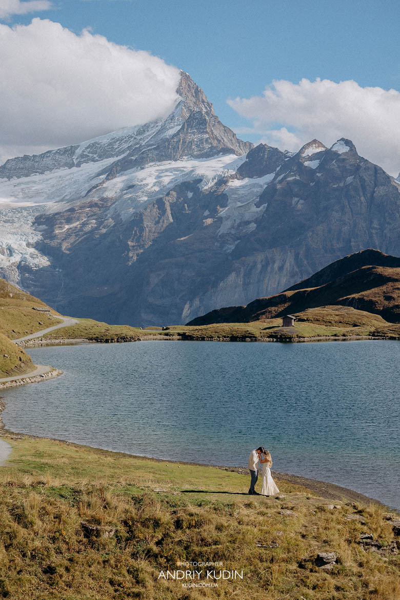 Engagement photography in Switzerland with snowy alpine scenery.