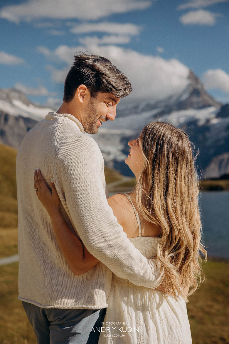 Proposal moment in front of Eiger mountain in Switzerland.