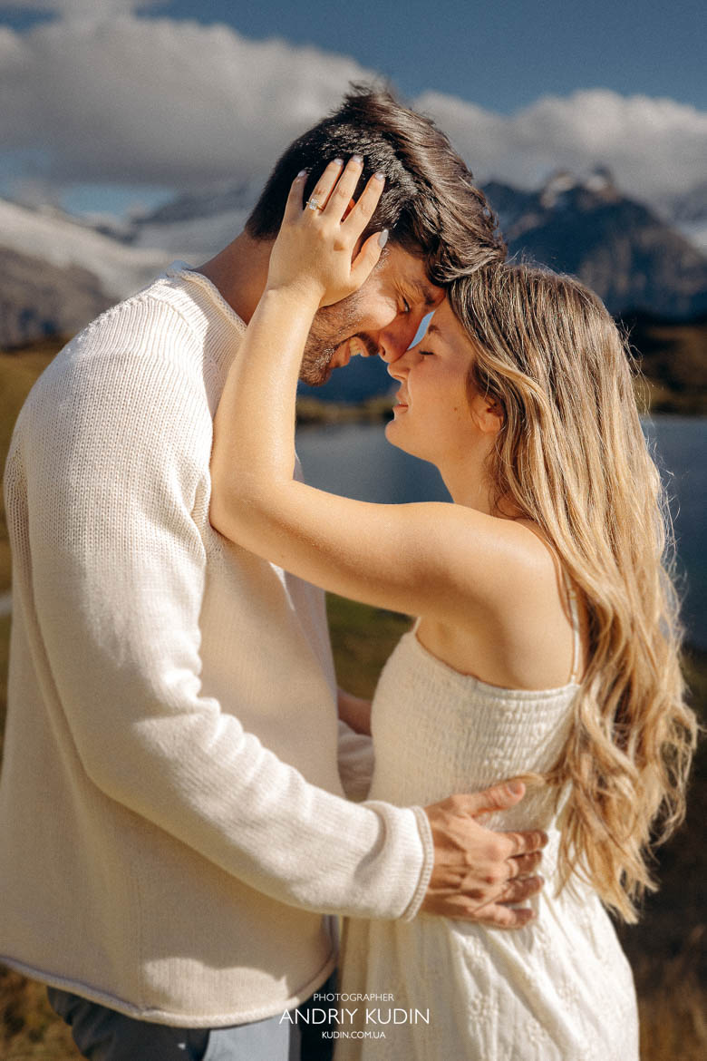 Romantic moment captured at Interlaken proposal photoshoot.