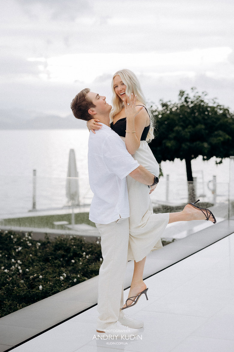 Elegant engagement photoshoot by Lake Lucerne