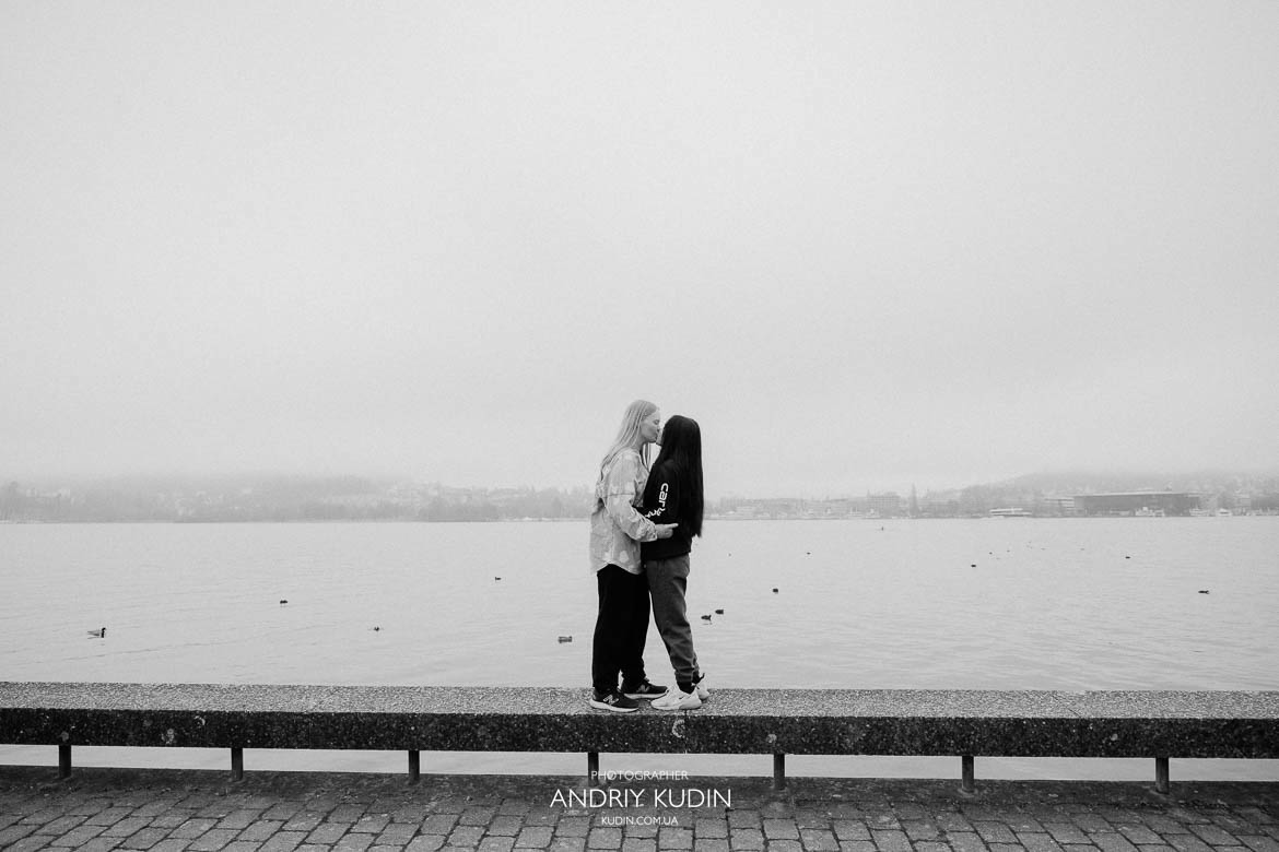 Switzerland proposal of two women with Zurich city views