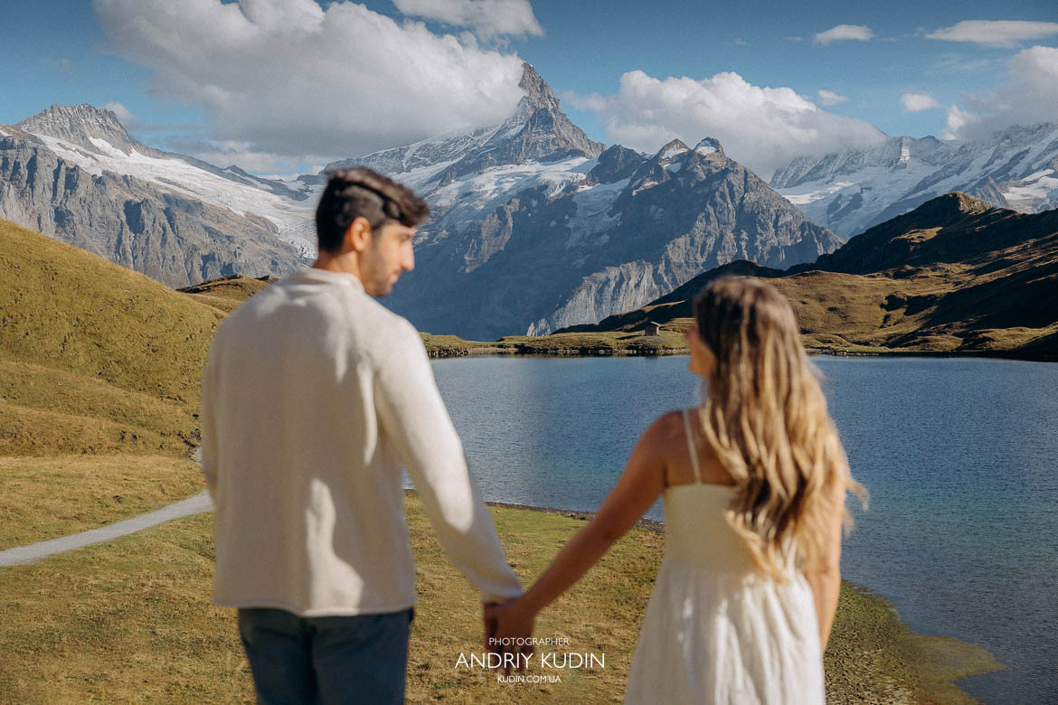 Bachalpsee at sunrise for a dramatic Switzerland mountain proposal. Marriage Proposal in the Swiss Alps
