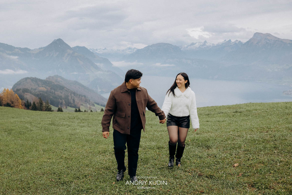 Couple proposing in Switzerland with alpine scenery