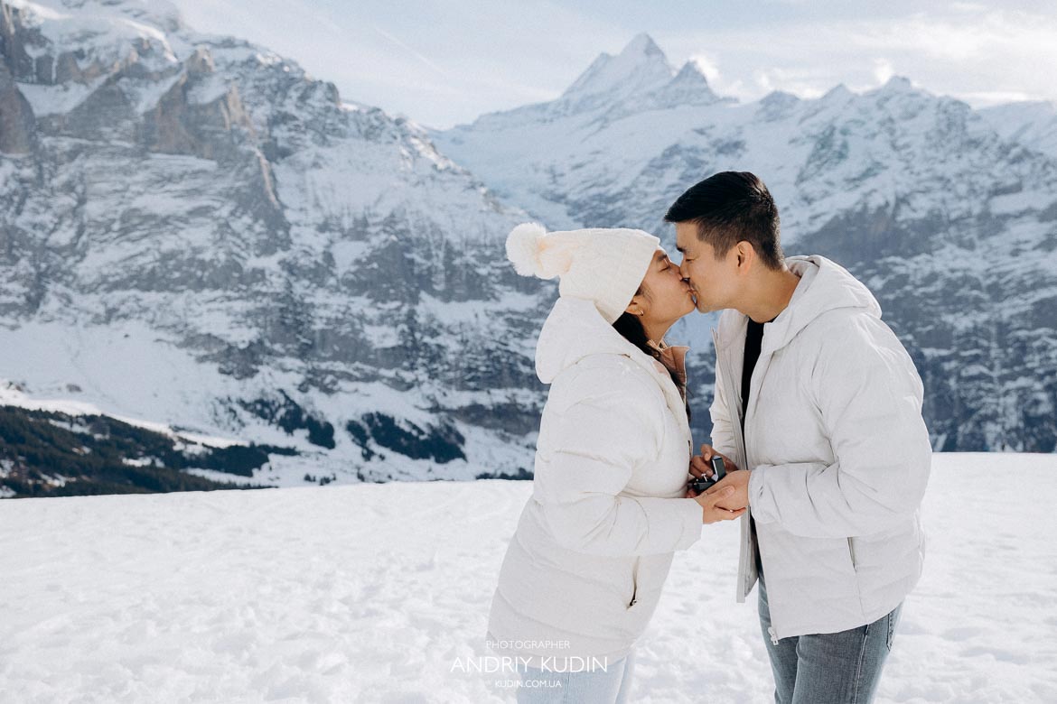Winter mountain proposal on Mount First in Grindelwald