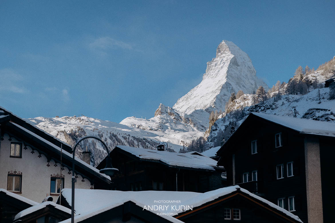 Matterhorn East Face fully illuminated by morning sun before 12:30 PM.