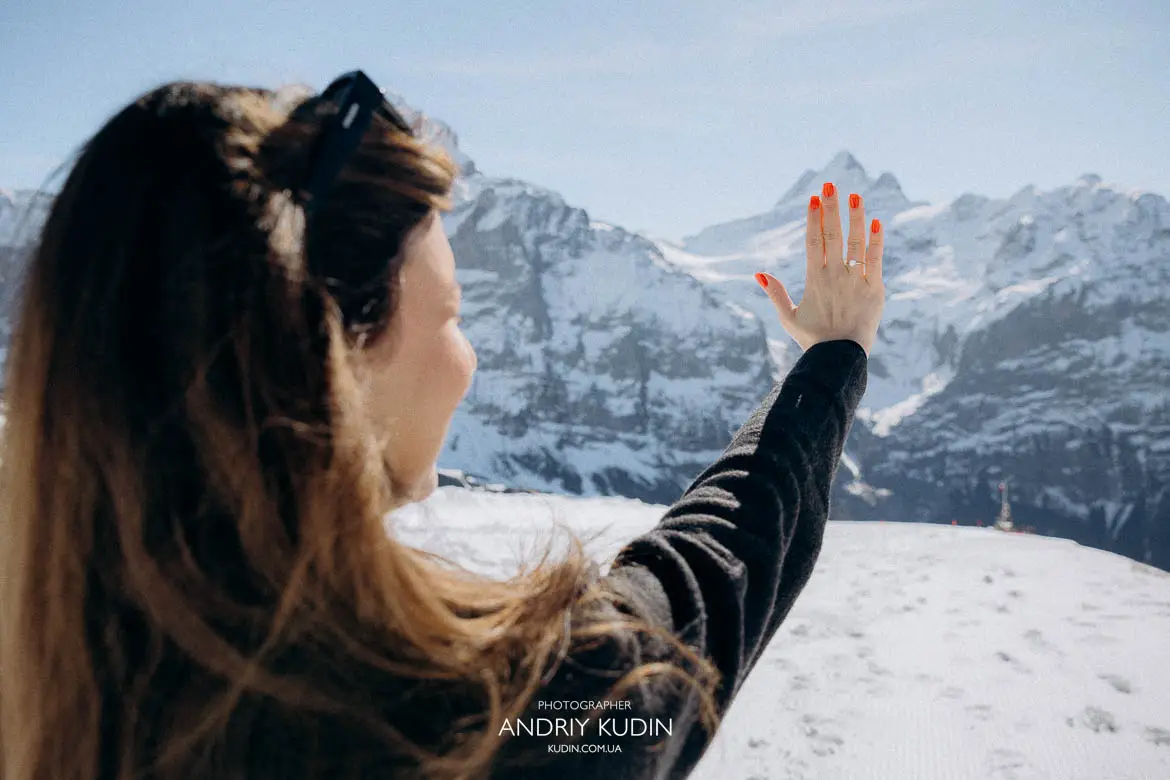 close up ring during proposal Switzerland, romantic ring moment alpine proposal