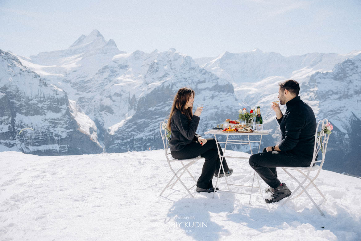 romantic breakfast on Swiss mountain, couple breakfast Grindelwald First