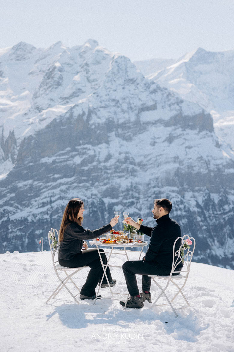 omantic table setup mountain proposal, couple dining with alpine view