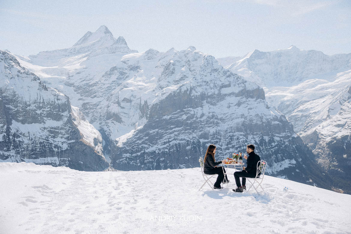 private breakfast date Switzerland mountains, romantic snowy mountain breakfast