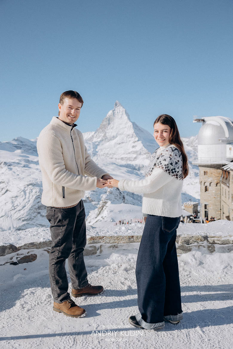 Emotional zermatt proposal at sunrise on the Gornergrat ridge.