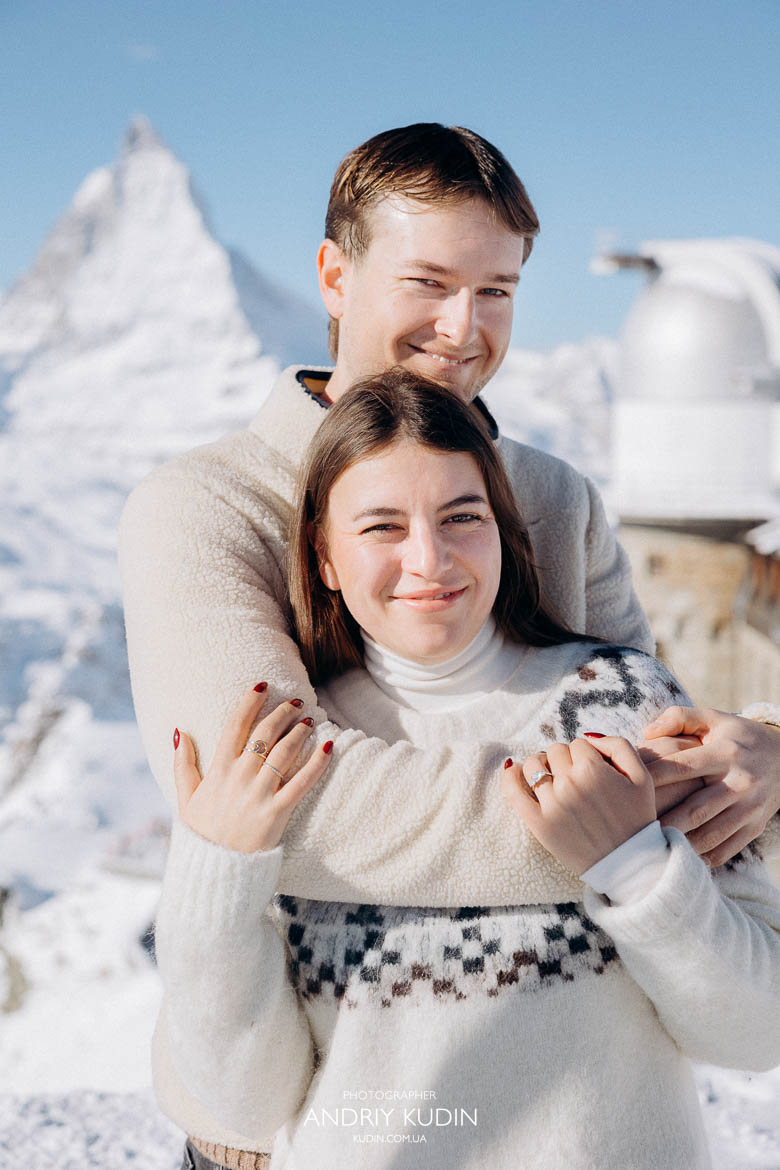 Switzerland proposal photographer at work in the Zermatt mountains.