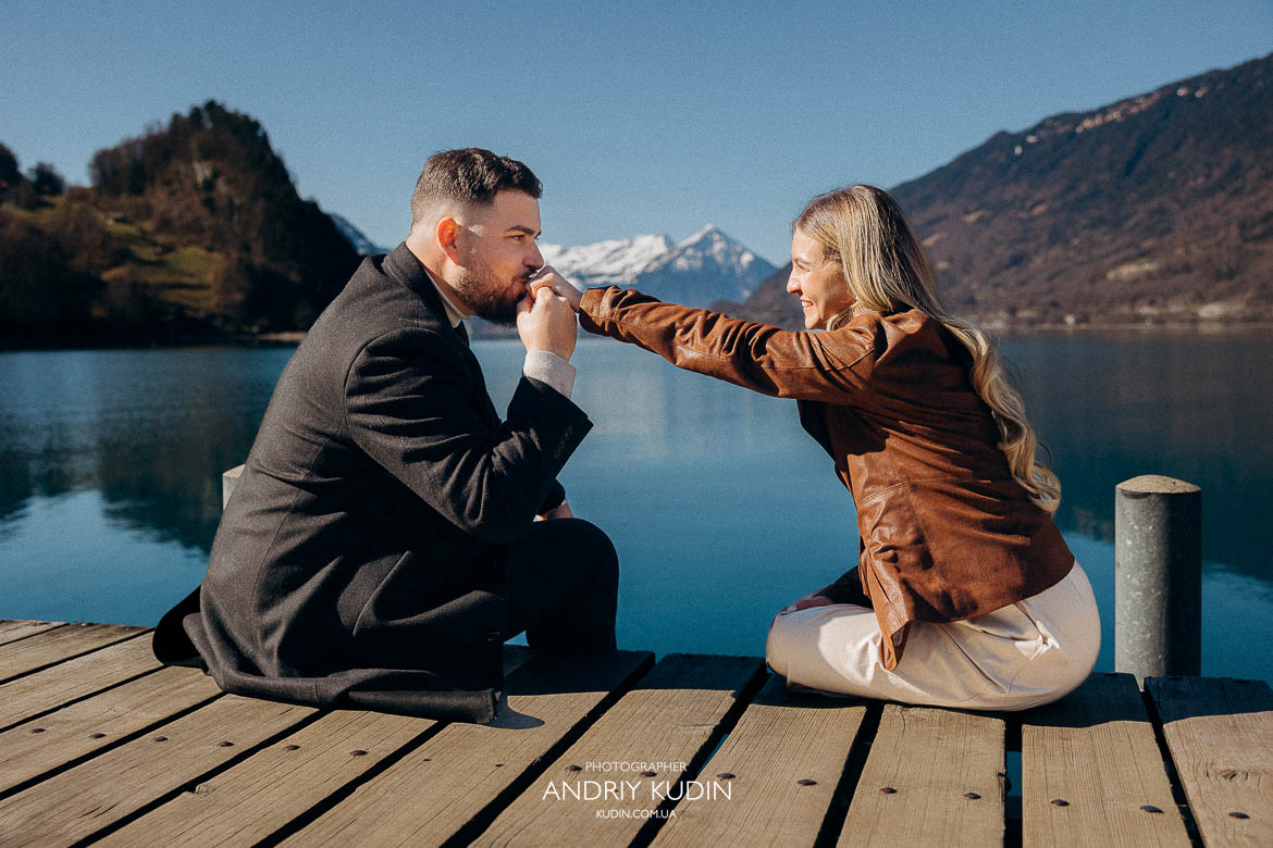 Romantic kiss framed by Swiss Alps during proposal in Iseltwald, 스위스 알프스 프로포즈 키스
