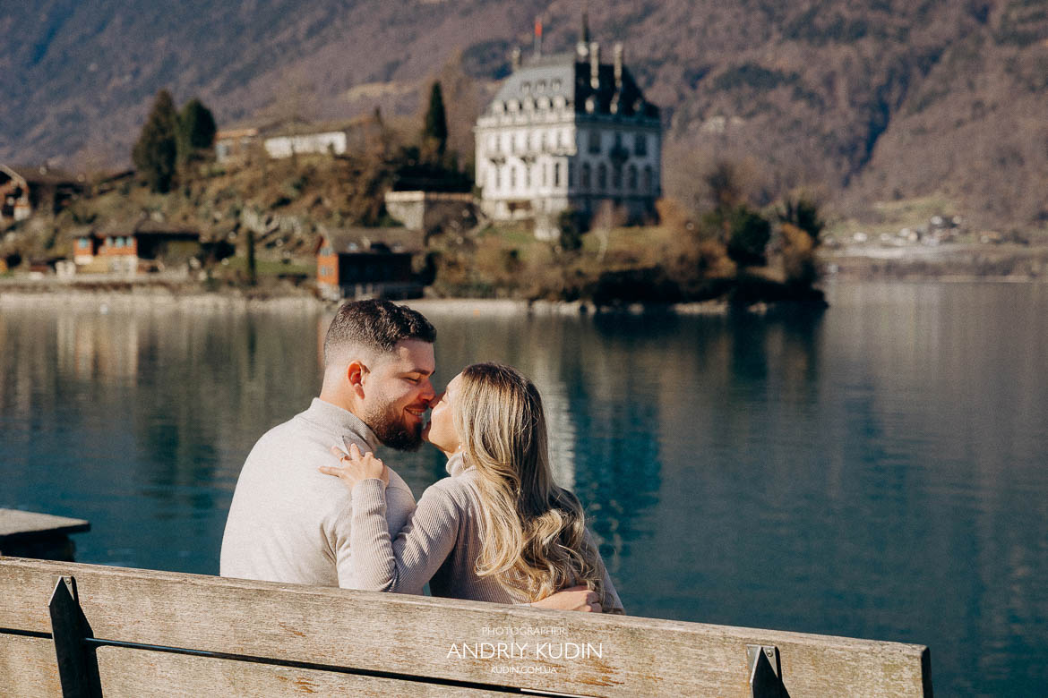 Romantic kiss after saying yes at Crash Landing on You pier, proposal in Iseltwald Switzerland, 사랑의 불시착 프로포즈 키스