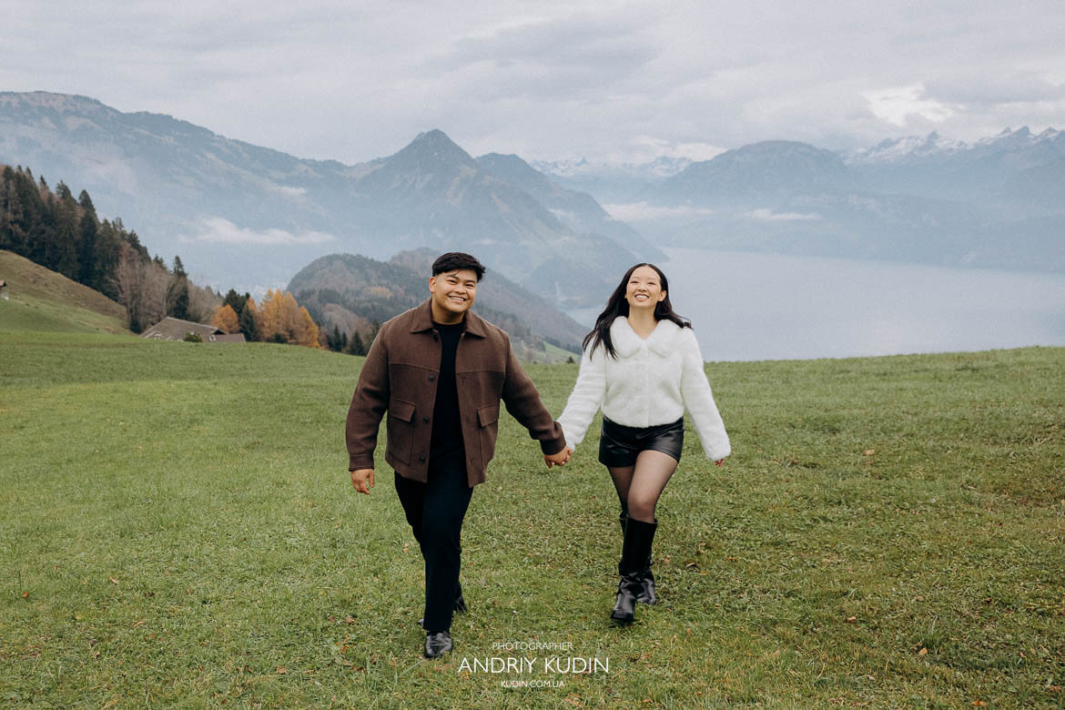 switzerland proposal spots lake lucerne proposal with joyful smiles, couple celebrating engagement with hugs
