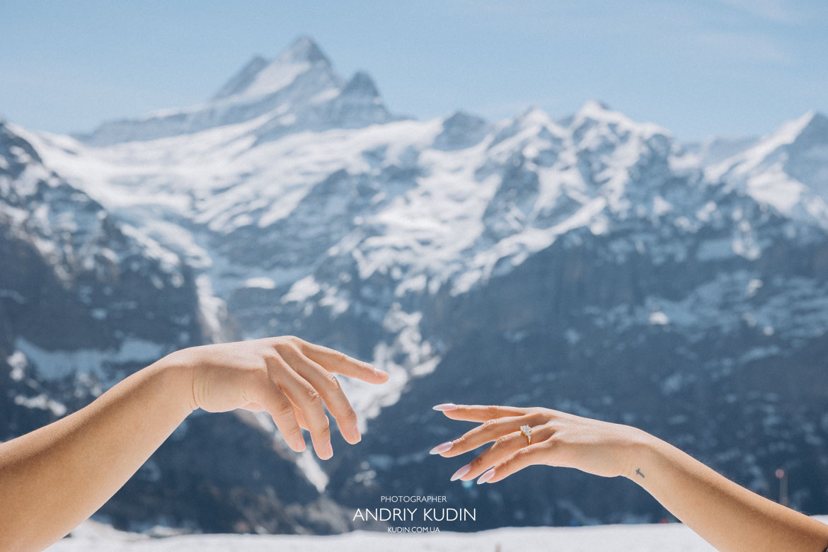 Romantic proposal in Switzerland with mountain view at sunset, Surprise engagement in the Swiss Alps with lake and mountains