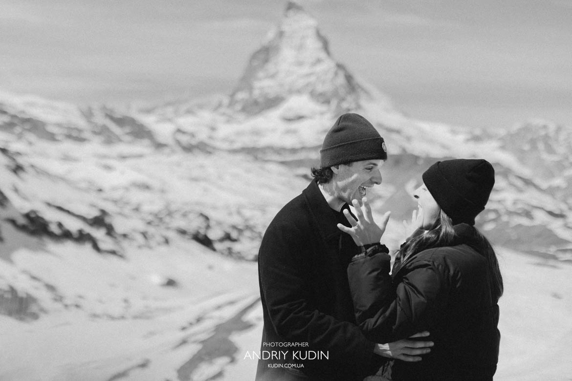 surprise proposal reaction alps zermatt, proposal photography switzerland mountains