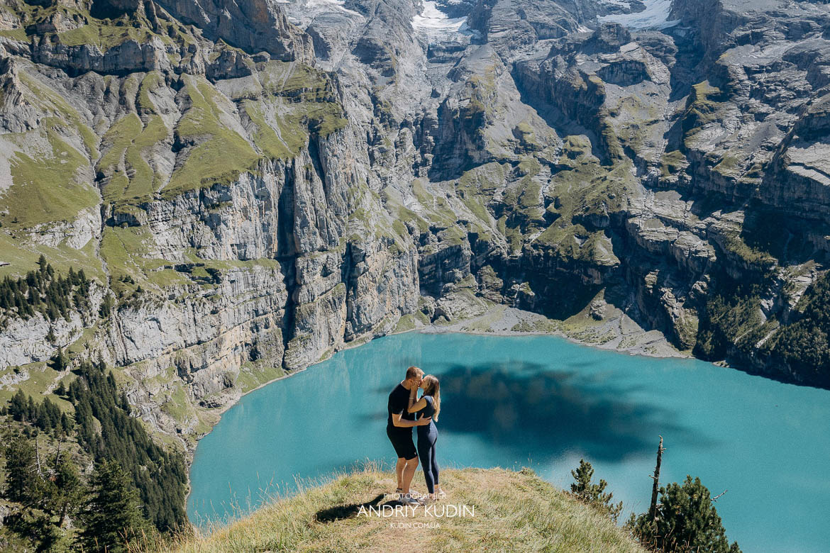 Dreamy proposal in Swiss Alps at Lake Oeschinen Romantic engagement photography at Oeschinensee Switzerland