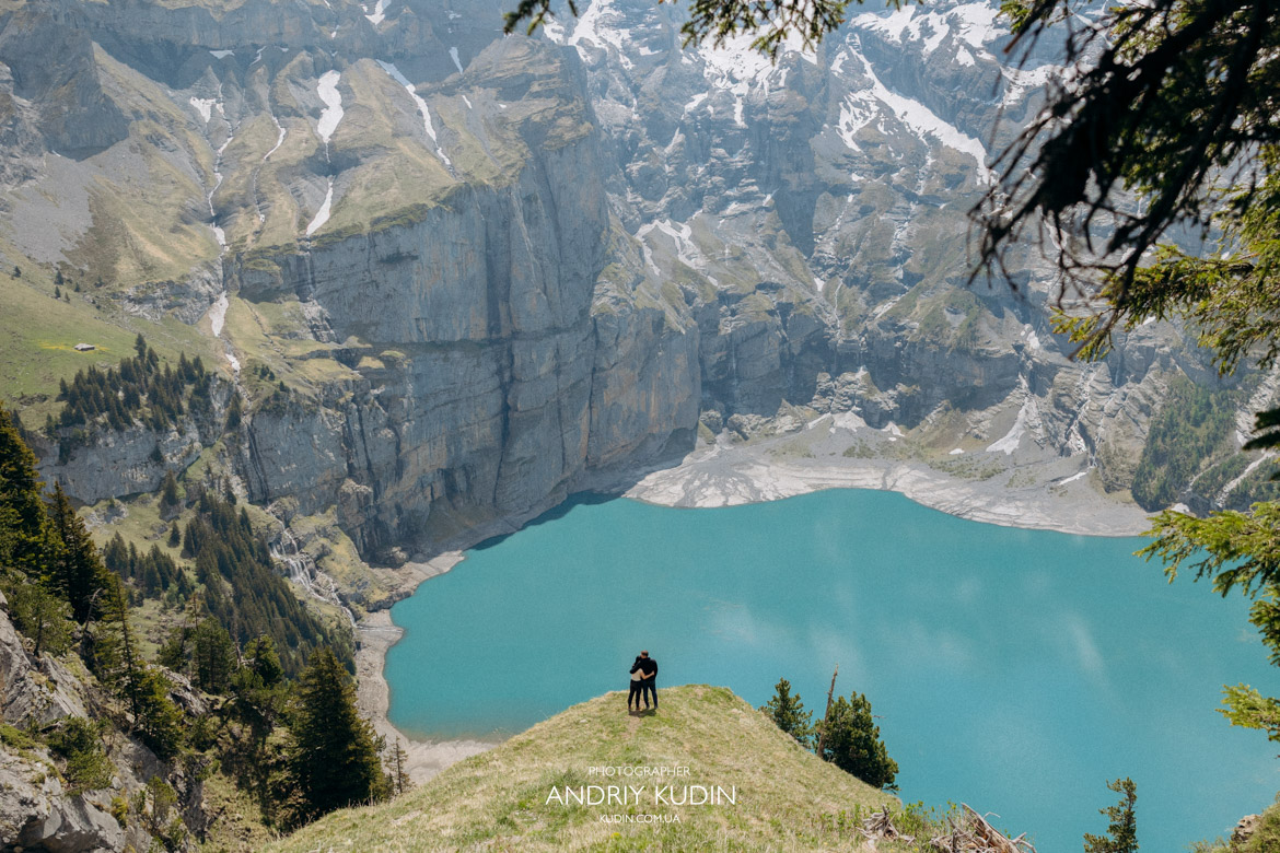 Beautiful Oeschinensee engagement photo session with professional color grading.