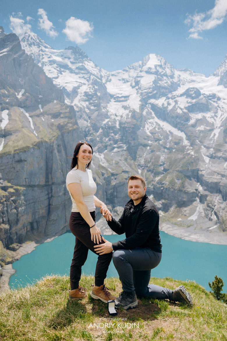 Happy bride-to-be smiling with joy during a surprise Switzerland marriage proposal.