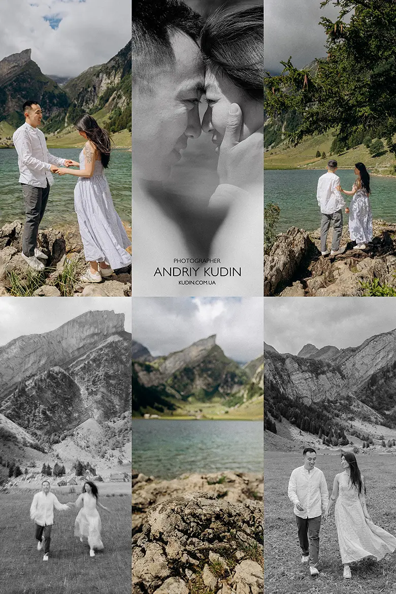Close-up kissing couple and scenic views of Seealpsee lake during a surprise proposal photoshoot in Switzerland