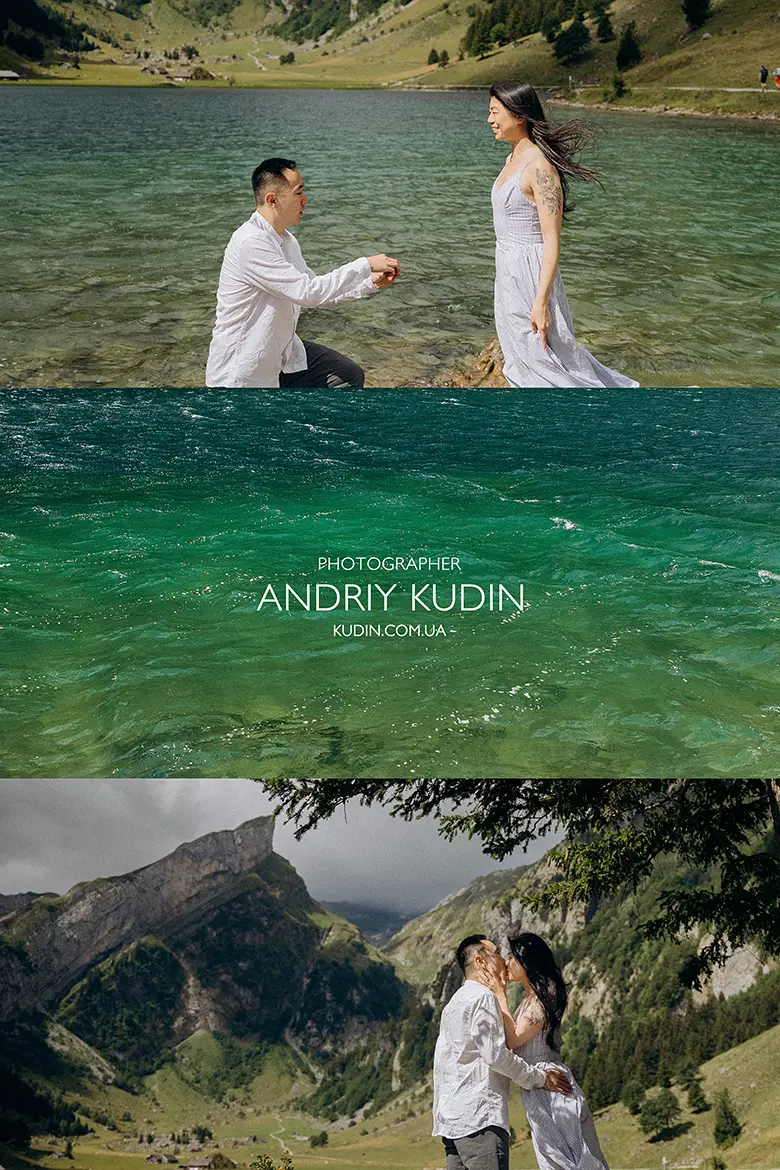 Man kneeling to propose by Seealpsee shore with dramatic Alpstein mountain backdrop in Switzerland
