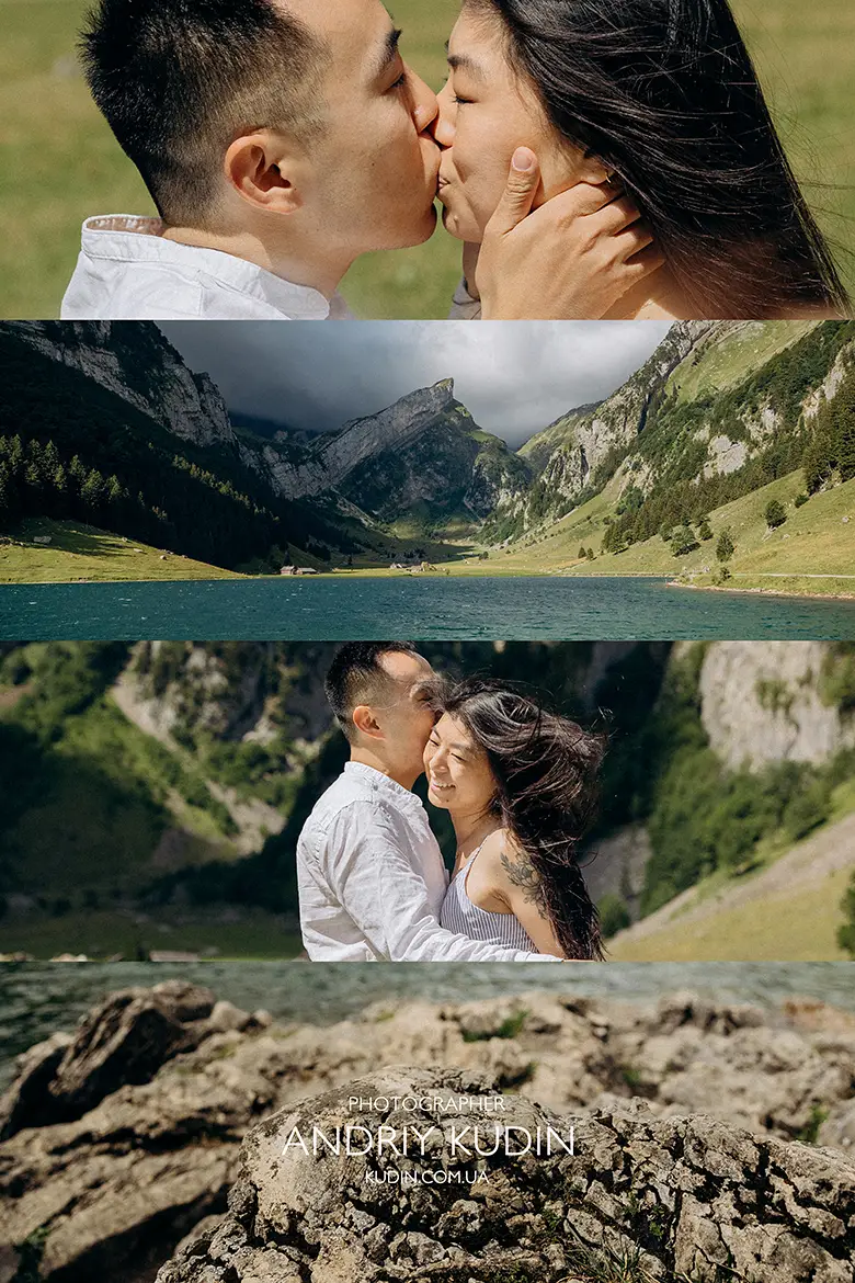Romantic proposal collage featuring couple portraits and black and white intimate moments at Seealpsee Switzerland
