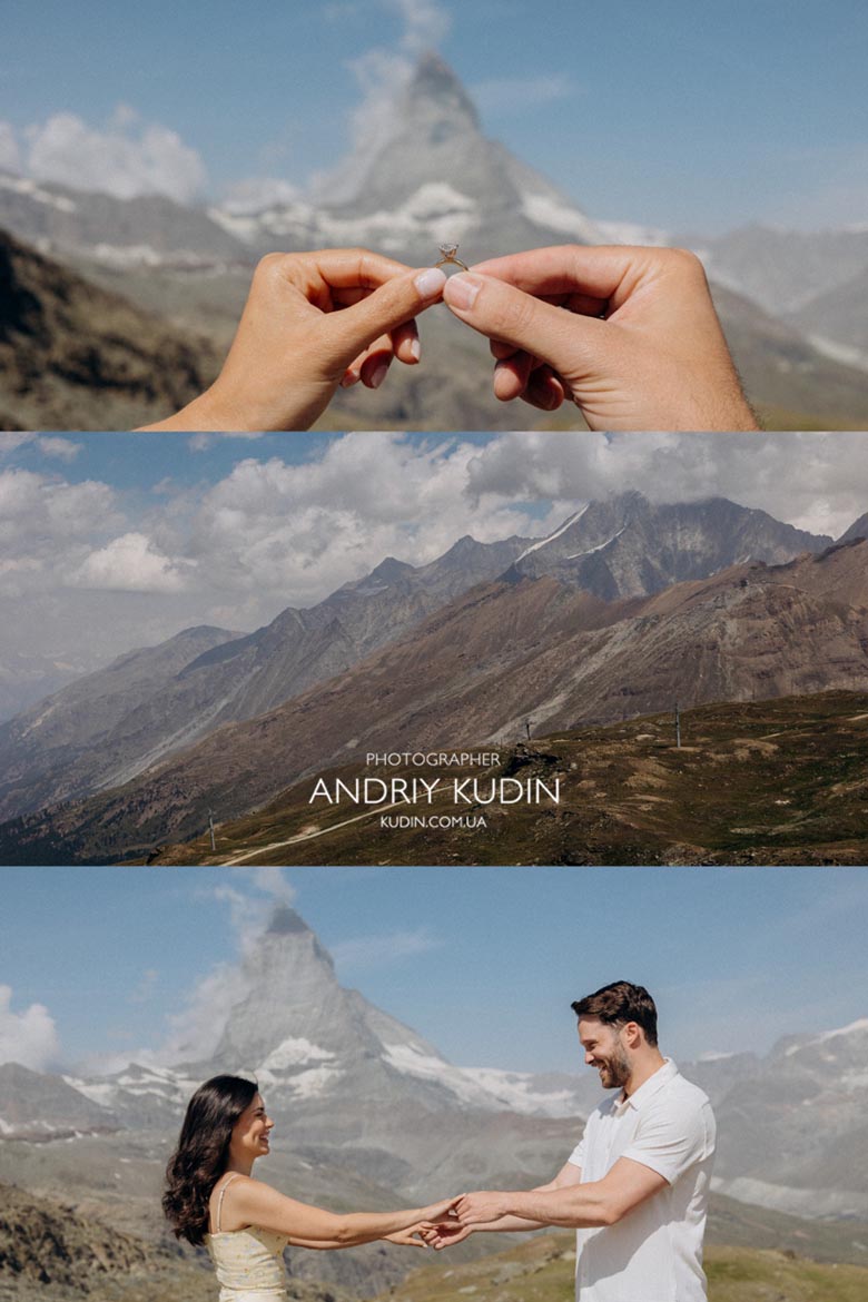 Swiss Alps proposal surrounded by dramatic alpine peaks. Proposal photography with Matterhorn view at Riffelsee Lake. Swiss Alps proposal surrounded by dramatic alpine peaks. Proposal photography with Matterhorn view at Riffelsee Lake.