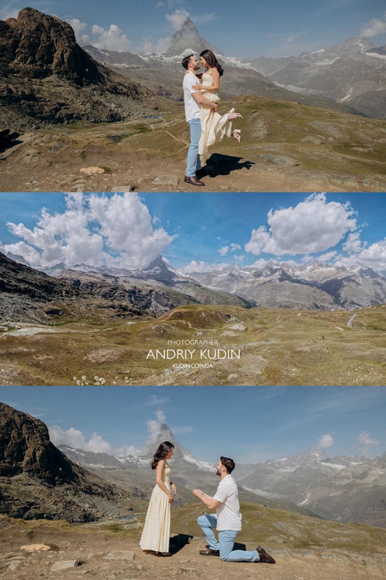 Swiss Alps proposal surrounded by dramatic alpine peaks. Proposal photography with Matterhorn view at Riffelsee Lake. Swiss Alps proposal surrounded by dramatic alpine peaks. Proposal photography with Matterhorn view at Riffelsee Lake.