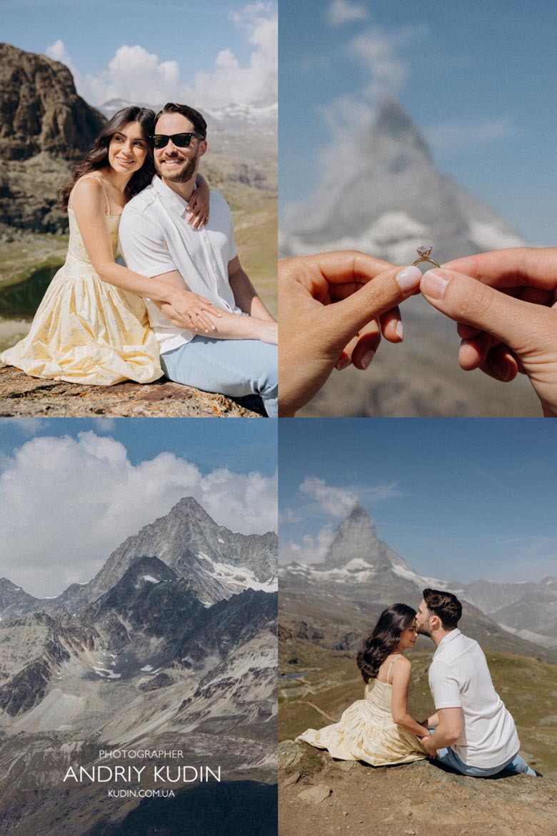 Proposal planning and photography Zermatt with iconic Matterhorn views. Best photo spots for proposal in Zermatt at Gornergrat viewpoint.
