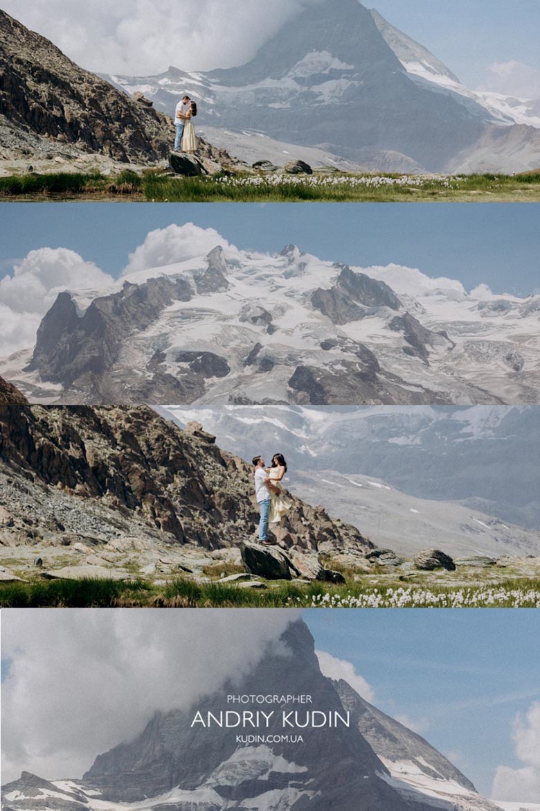 Zermatt engagement photoshoot beside the iconic alpine lake. Riffelsee is world-famous for its Matterhorn reflection