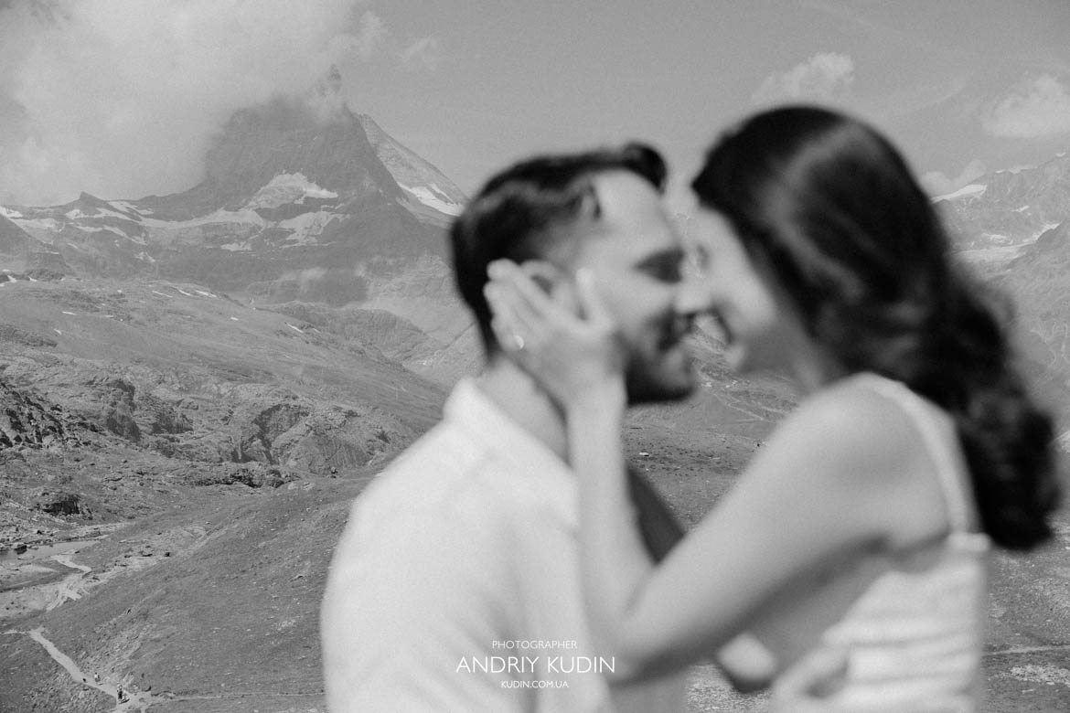 Matterhorn proposal photographer creating cinematic engagement photos. Photoshoot in Zermatt mountains with luxury alpine scenery. Matterhorn proposal photographer creating cinematic engagement photos.