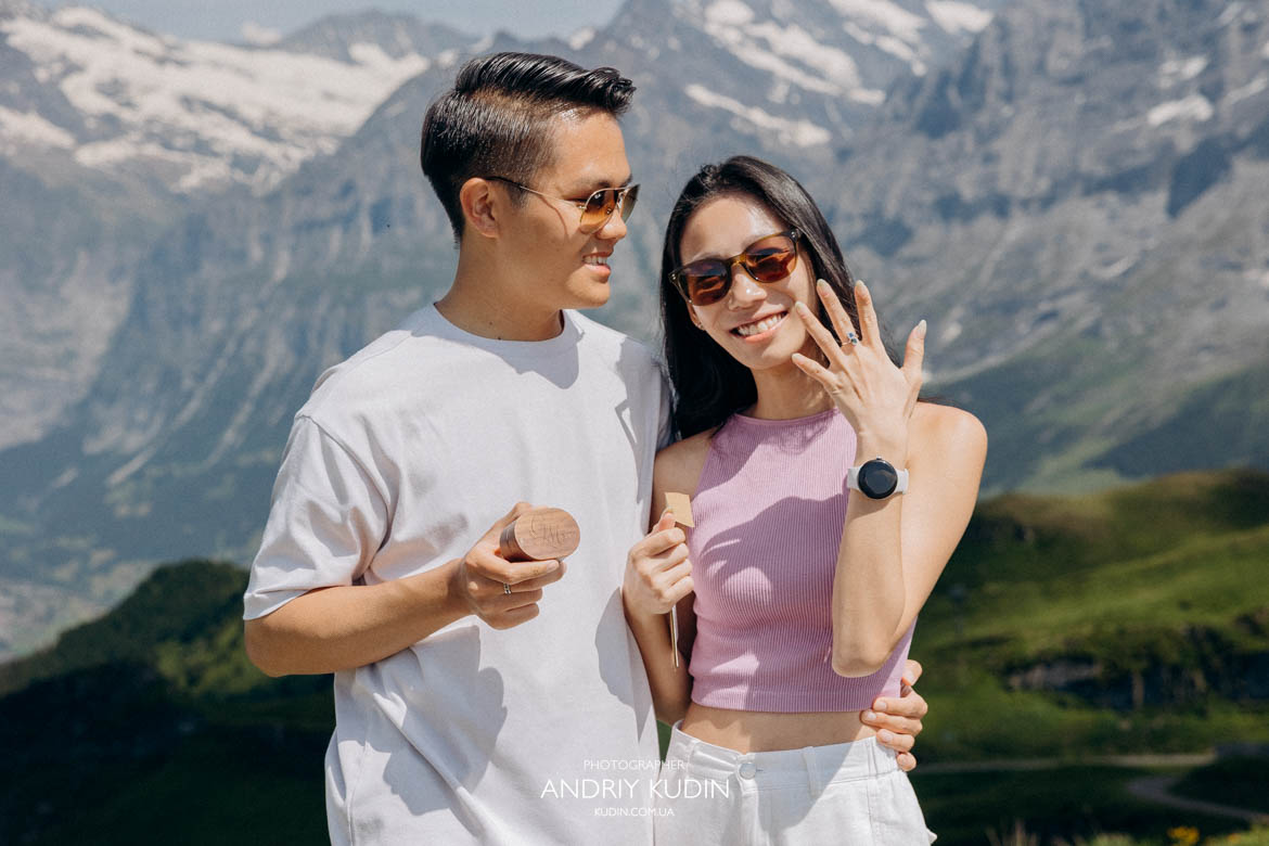 Switzerland proposal spots surrounded by waterfalls and mountains. Swiss Alps proposal overlooking the Eiger and Jungfrau.