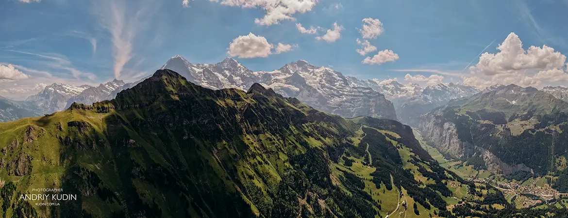 High angle panoramic view of Eiger mountain peak in Bernese Oberland Switzerland