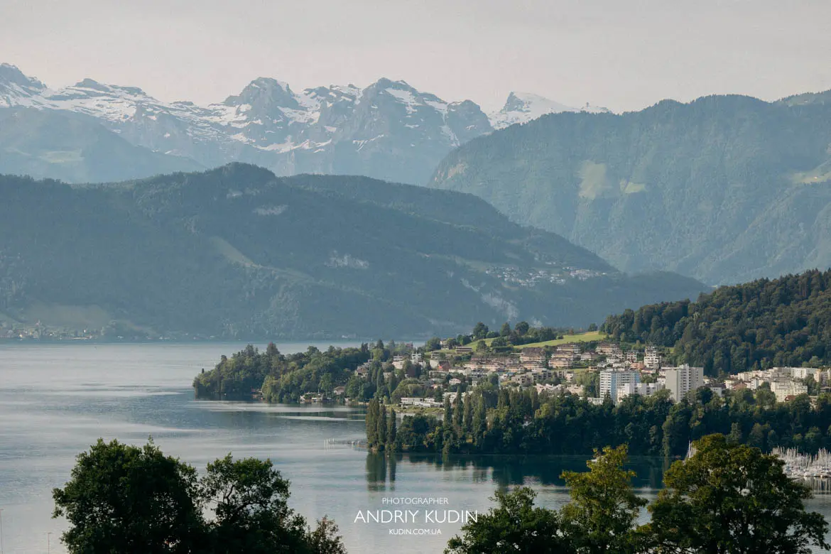 Breathtaking scenery of alpine lake and majestic mountain peaks in Switzerland